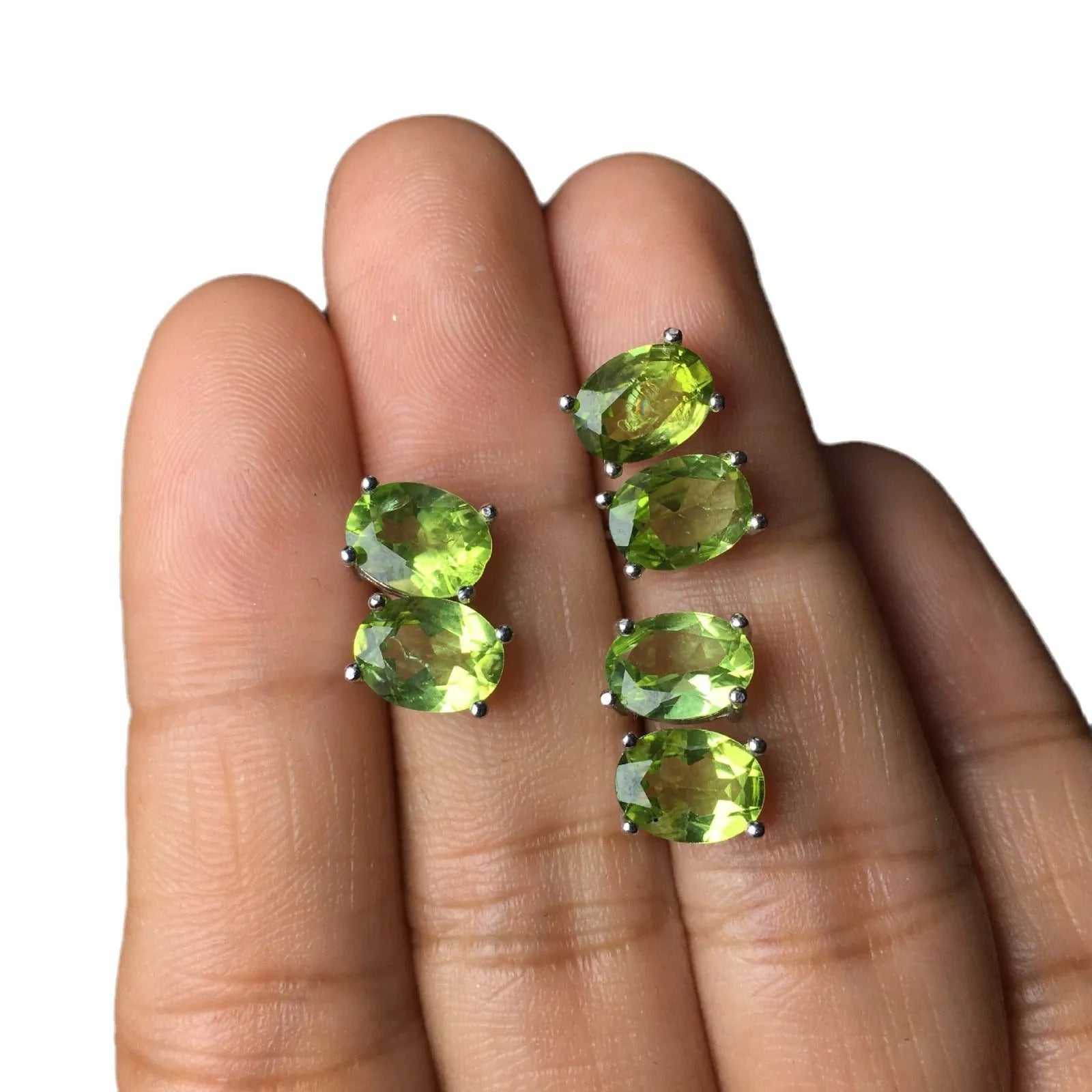 S925 silver stud earrings with 6×8mm natural olivine stones in grass green