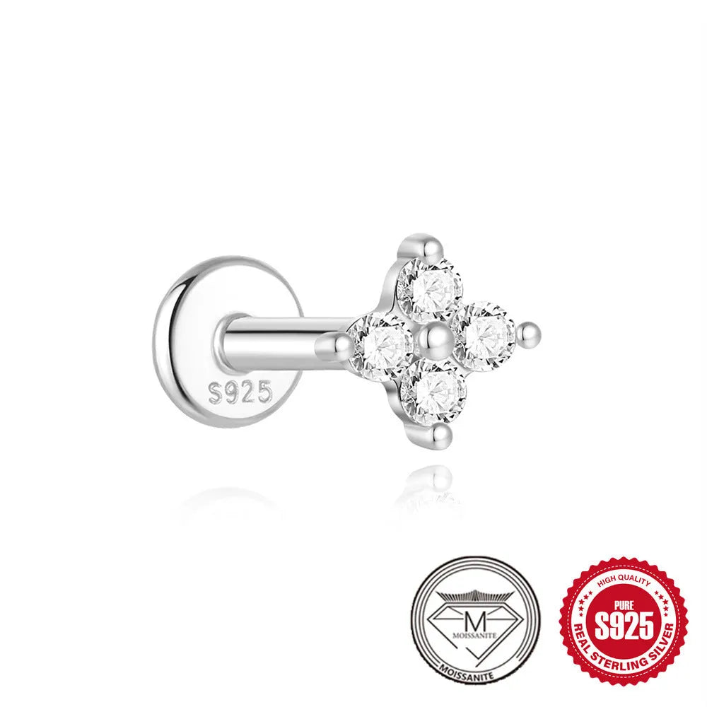 Sterling silver geometric stud earrings with petal design in platinum finish