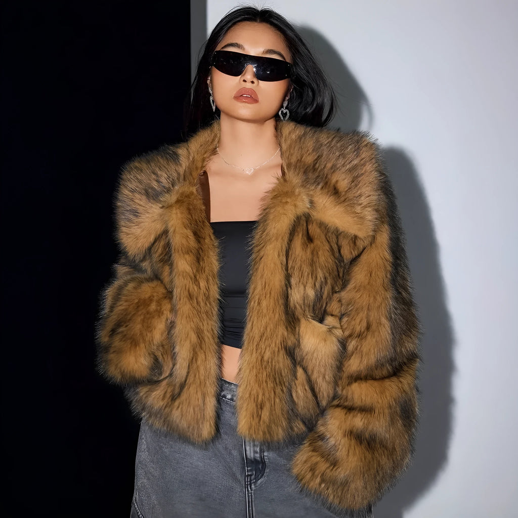 A woman's short-length artificial fur coat with a faux fur collar in a plush grey Maojian tea colour.