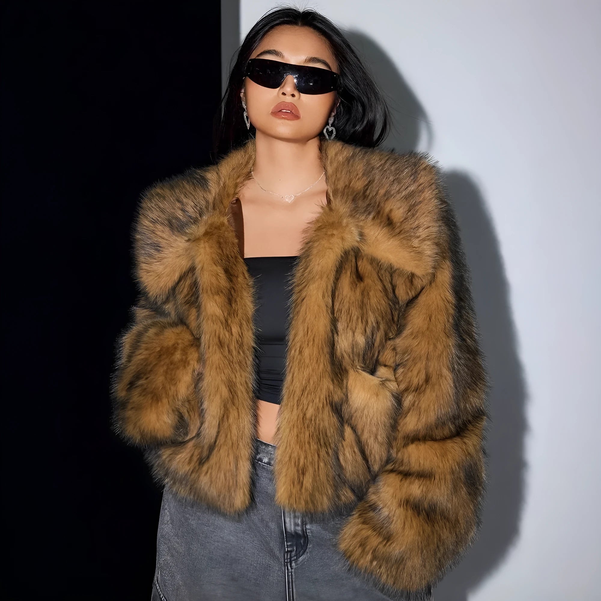 A woman's short-length artificial fur coat with a faux fur collar in a plush grey Maojian tea colour.