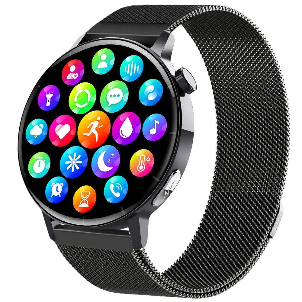 Black smart watch with IPS multi-touch screen, ECG blood glucose monitoring, and Bluetooth calling