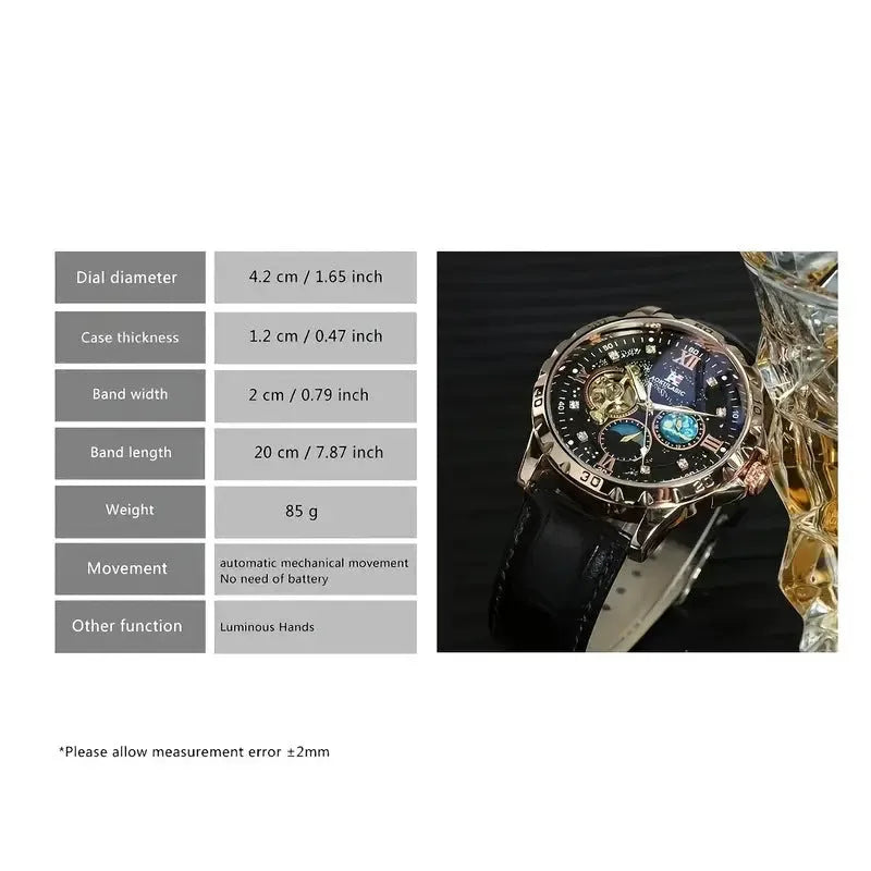 Men's black and rose gold automatic watch with a hollow dial and brown leather strap.
