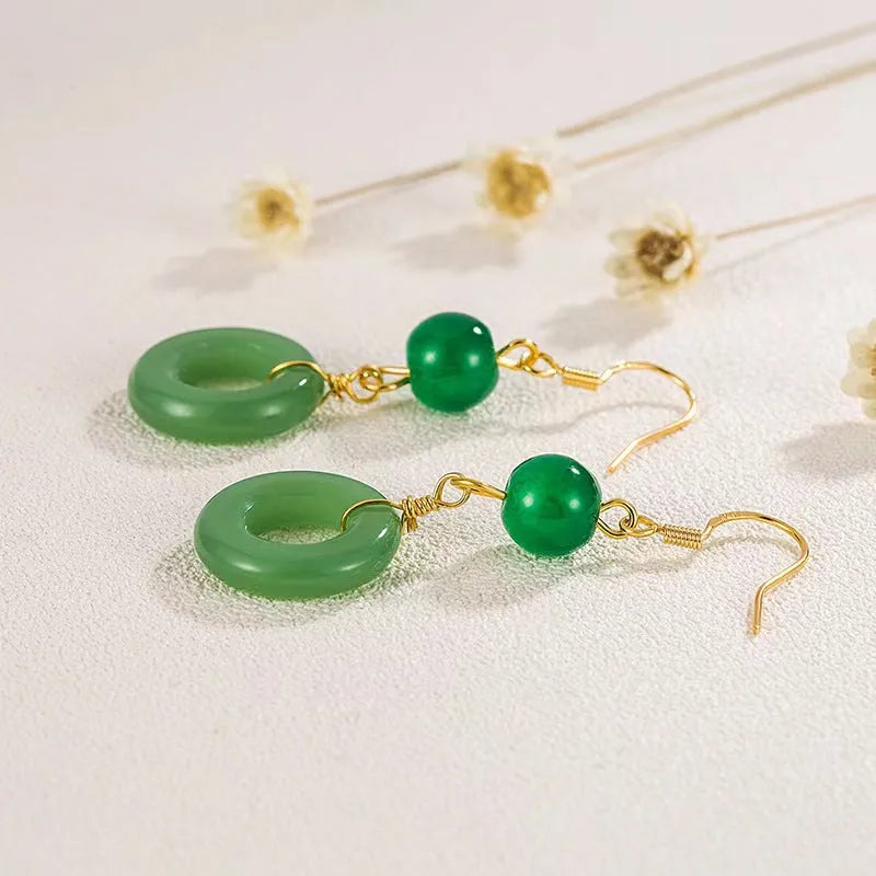 Green jade geometric Chinese style earrings with peace buckle design in 14K gold zinc alloy