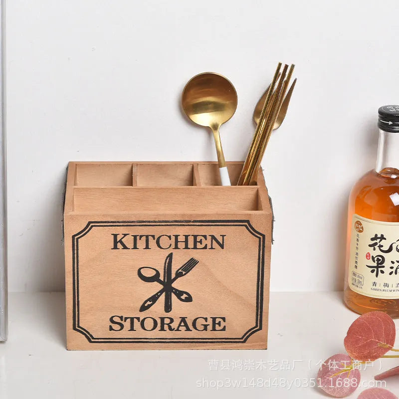 Modern solid-colour wooden kitchen storage box for knives, forks, and chopsticks with an internal grid.