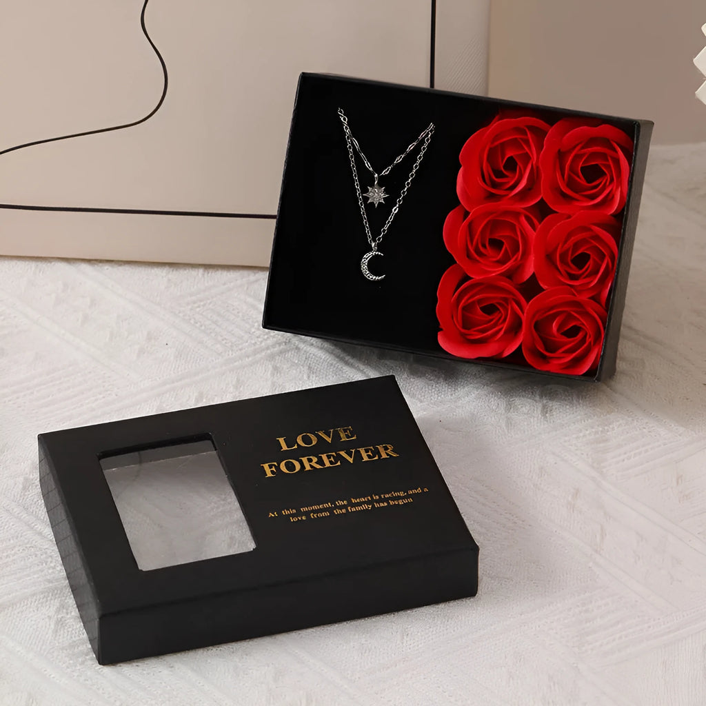 Red soap flower gift set with six roses in a box and matching handbag, Korean style decoration.