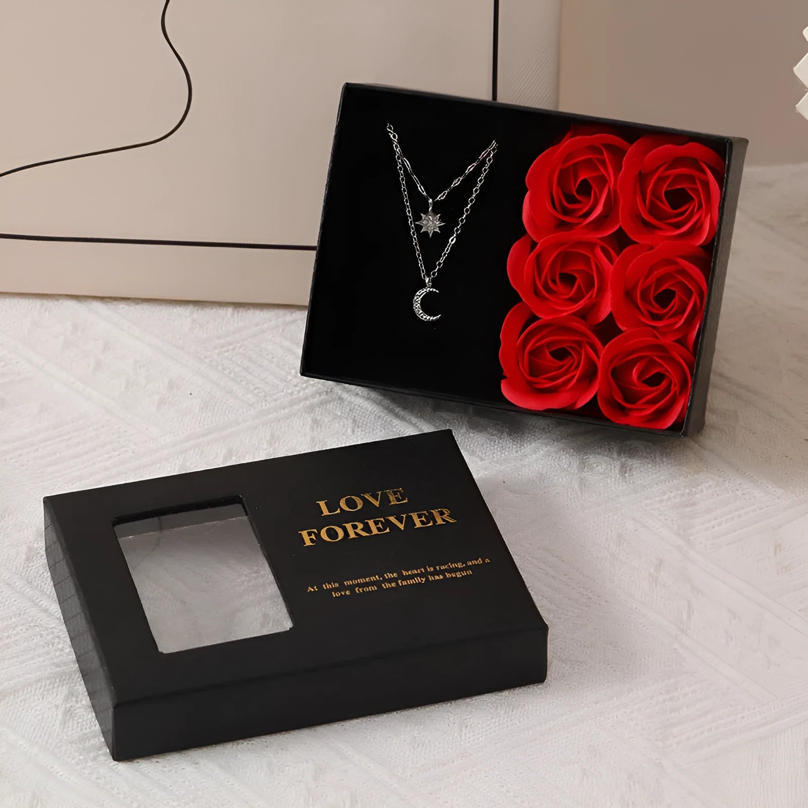 Red soap flower gift set with six roses in a box and matching handbag, Korean style decoration.
