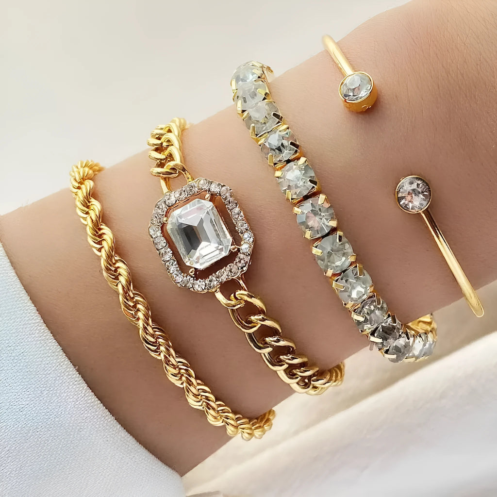 Women's four-piece alloy bracelet set with geometric shapes and chain links in gold or silver finish