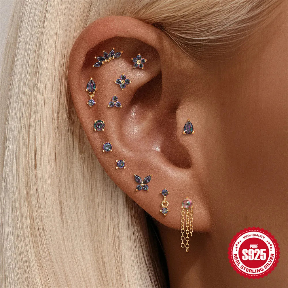 S925 sterling silver geometric flat head thread piercing earrings with rainbow stone finish in gold colour