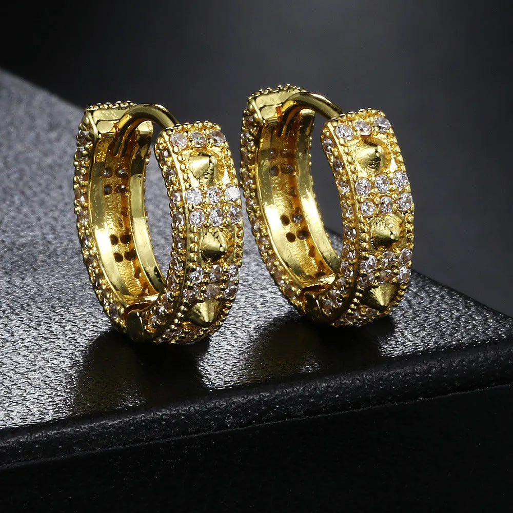 Geometric full diamond hip hop ear clips in copper with gold white stone finish