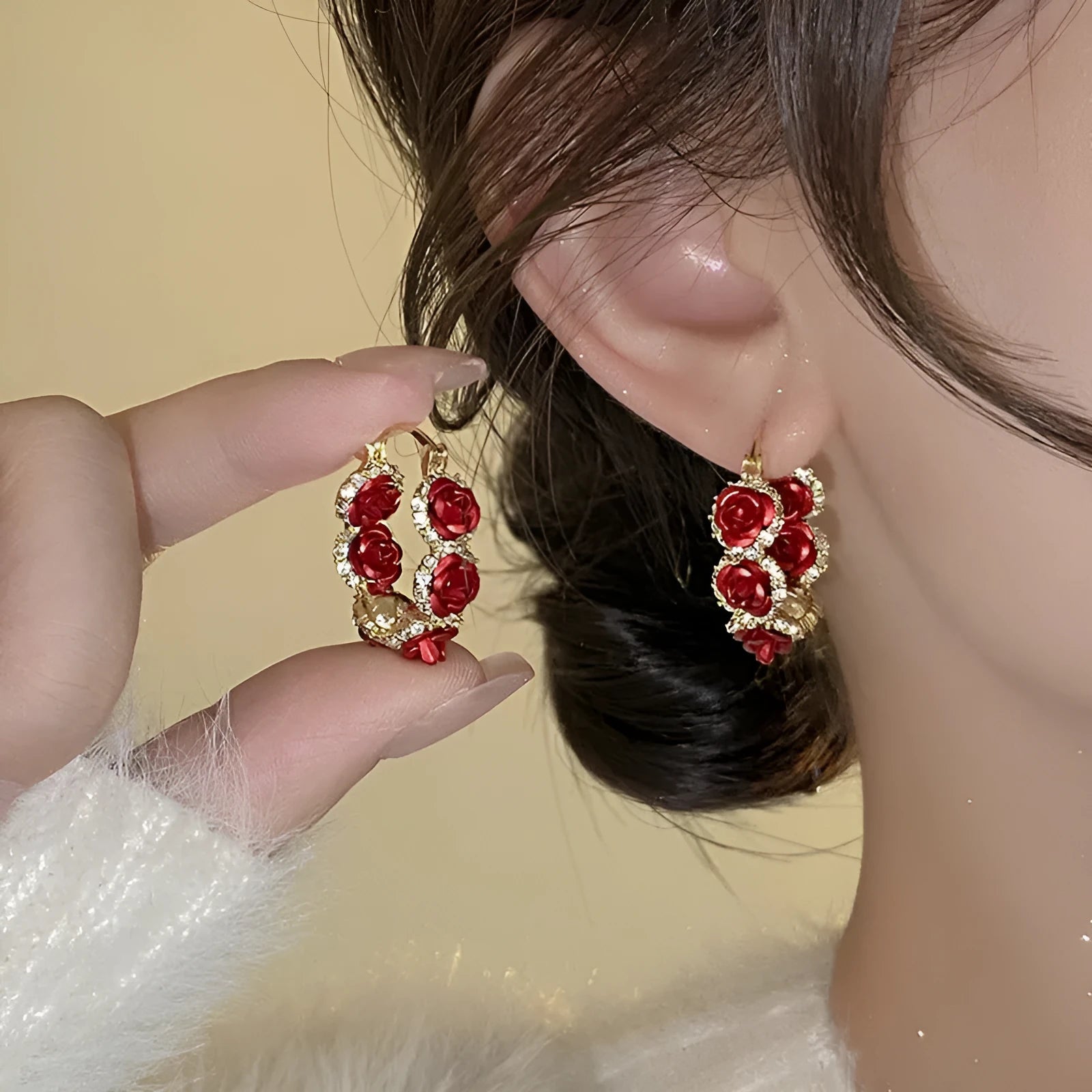 Red alloy ear clips with rose flower design for women's clip-on jewellery