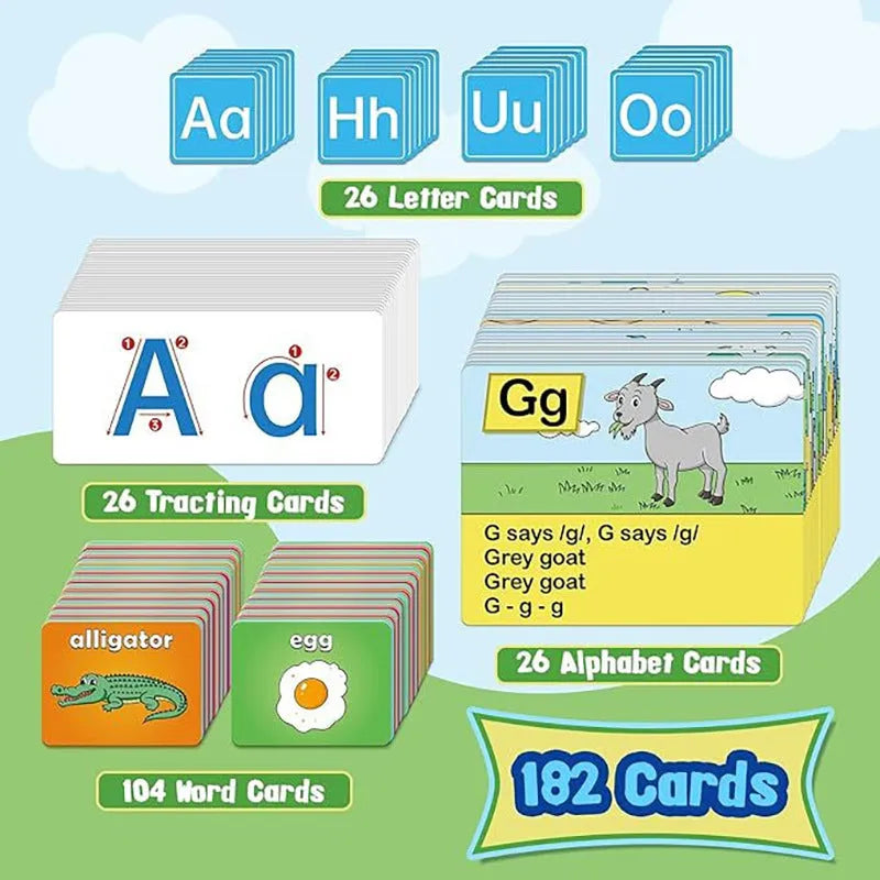 Creative Letters Learning Sleeve Table Chart with dry-erase marker, letter cards, and picture cards on a 60cm x 40cm wipe-clean surface.