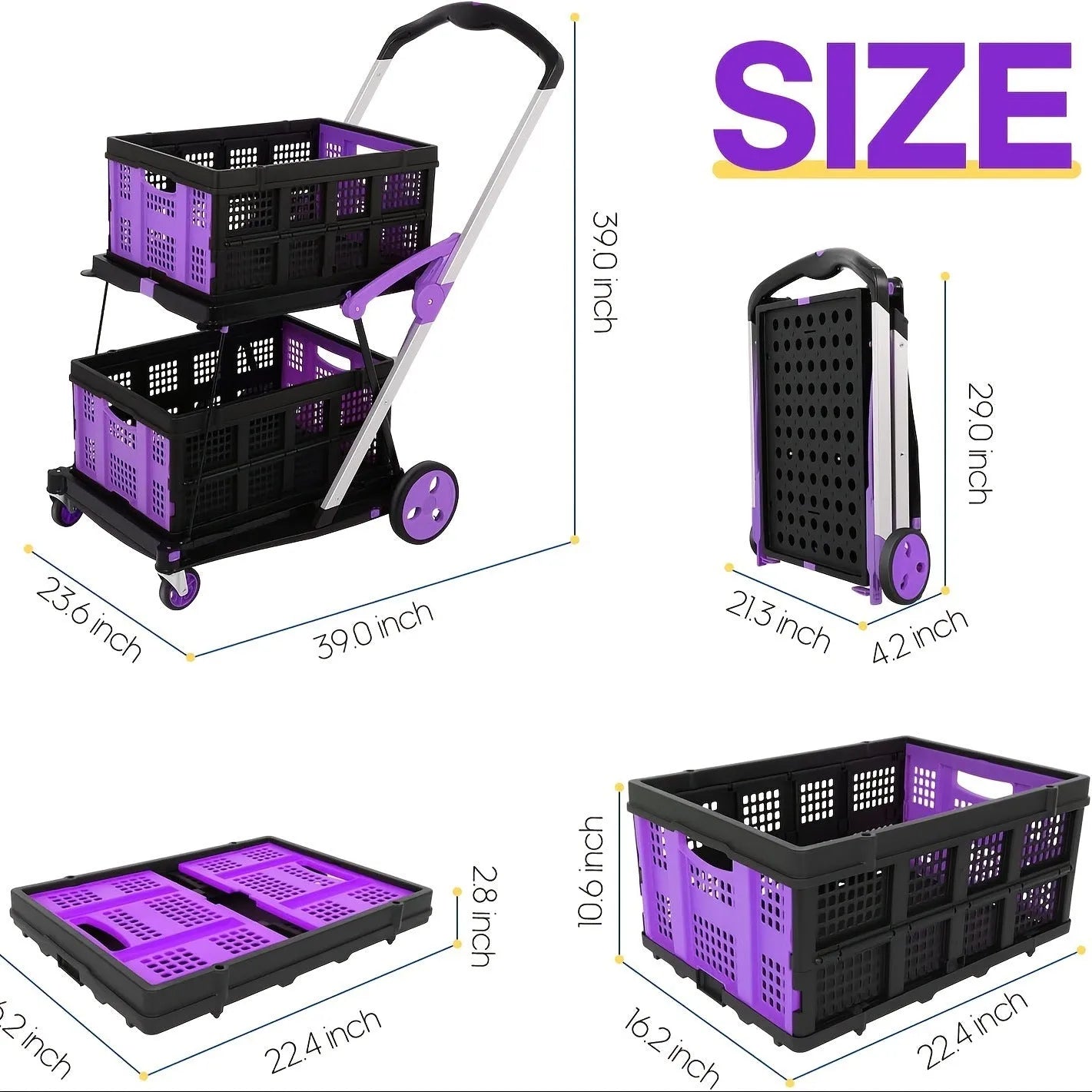 Personality foldable shopping cart with double-layer basket in chosen colour.