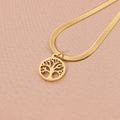 Stainless steel necklace with lucky tree pendant on a textured snake bones chain.