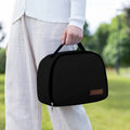 Insulated lunch bag in textured cloth material with bento handbag style and modern minimalist design