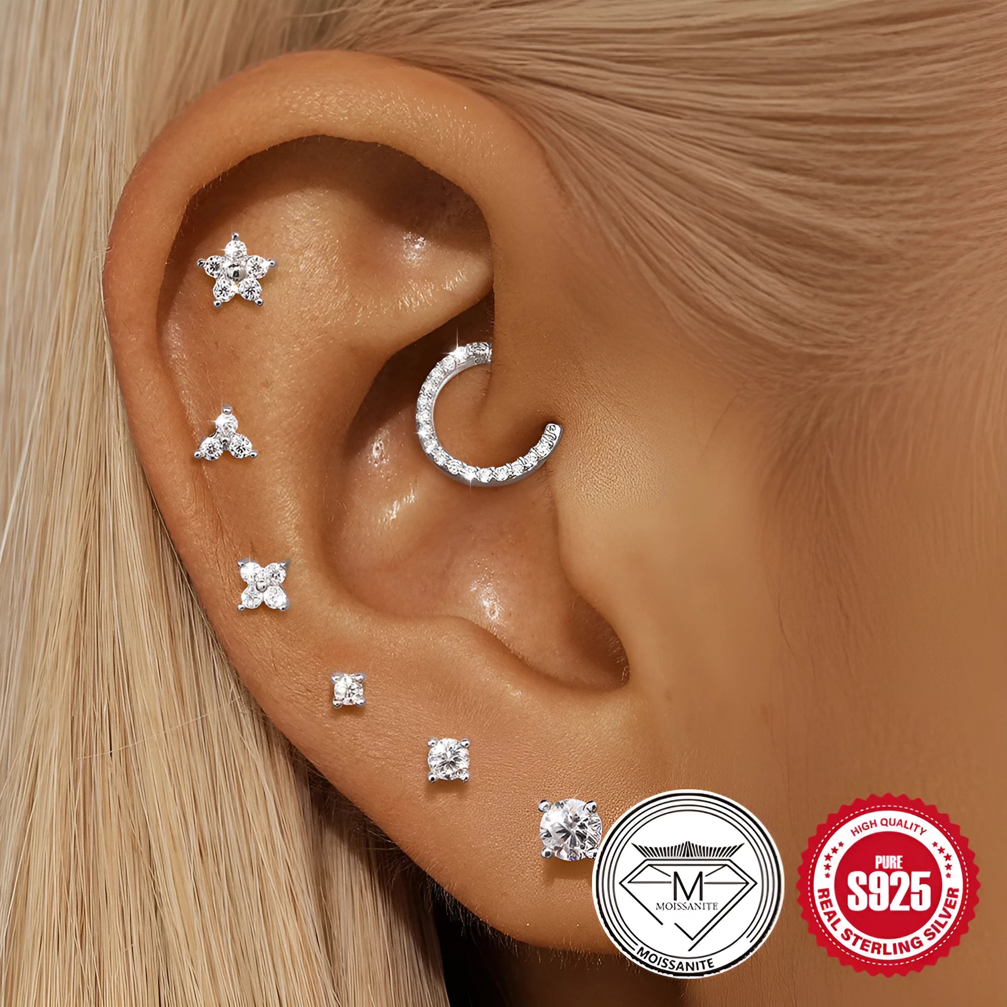 S925 sterling silver geometric petal stud earrings in 2mm, 3mm, and 4mm sizes