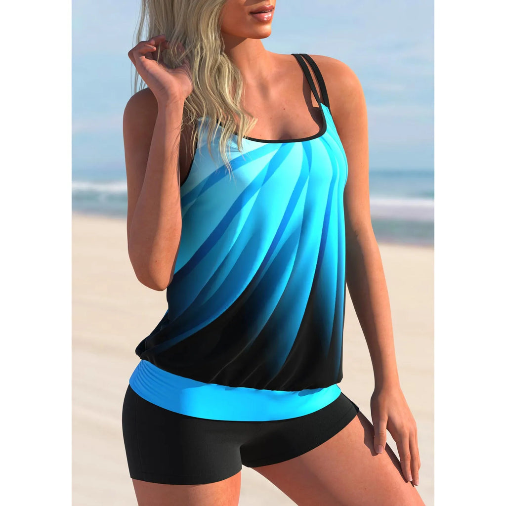Plus size women's butterfly print swimsuit with halter top and separate shorts