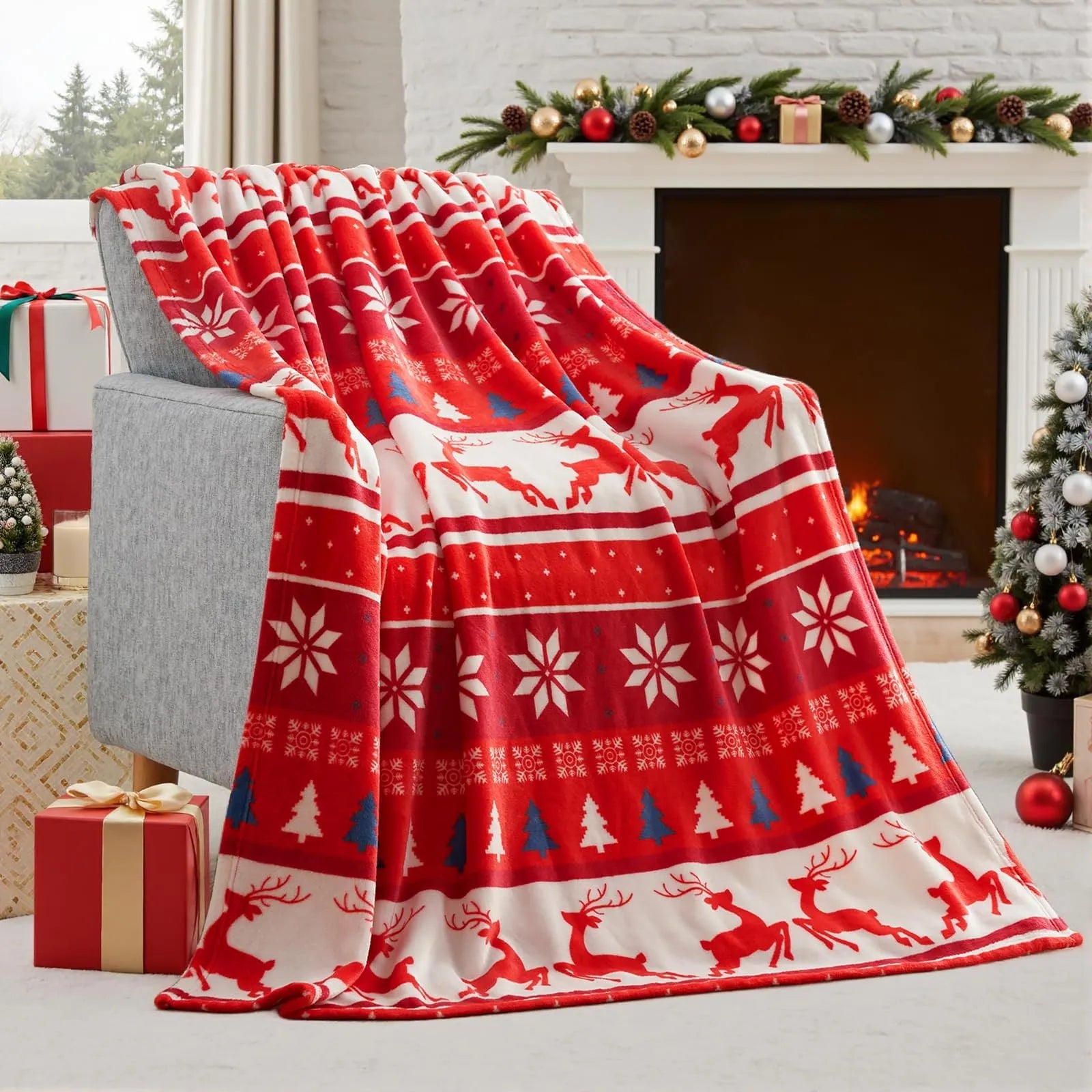 Soft flannel and plush polyester Christmas blanket in multiple sizes and colours.
