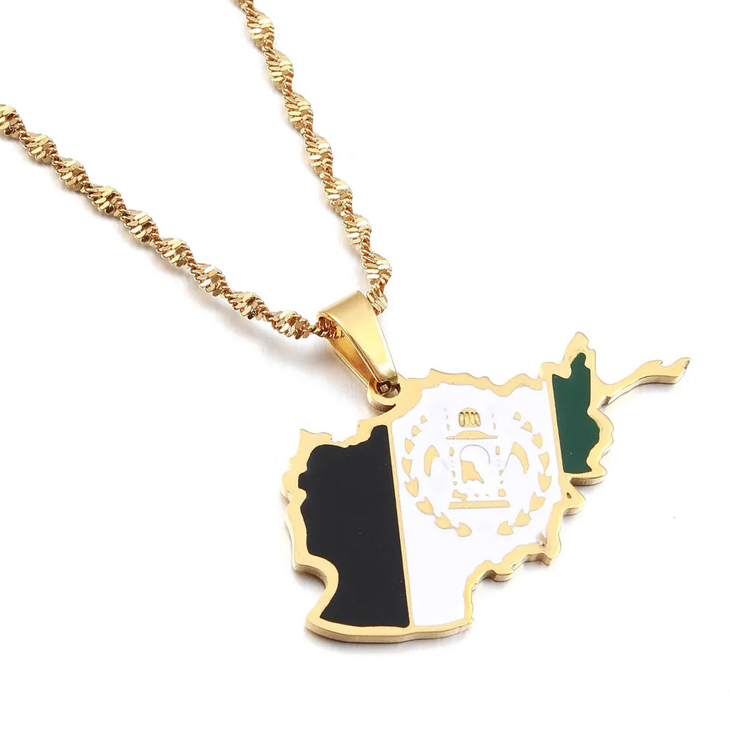 Map stainless steel necklace for men and women in gold or silver electroplated finish