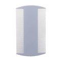 A white double-edged fine-toothed plastic lice comb on a blue surface, showing its 8cm length.