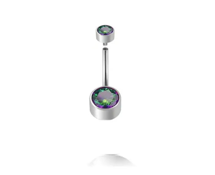 Titanium alloy double-headed navel stud with internal thread in various colours and sizes.
