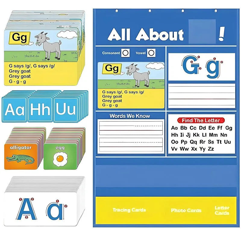 Creative Letters Learning Sleeve Table Chart with dry-erase marker, letter cards, and picture cards on a 60cm x 40cm wipe-clean surface.