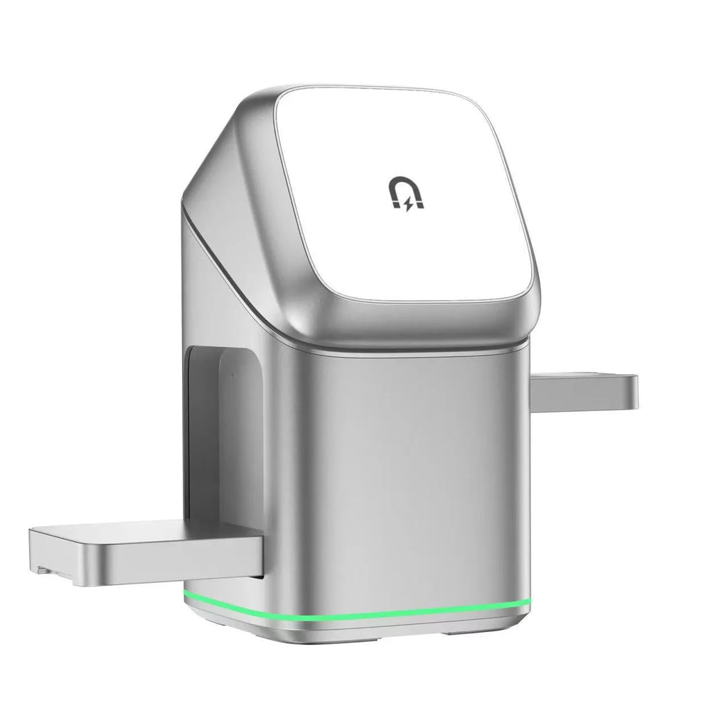 Black mobile phone magnetic wireless charging stand showing 180-degree rotation capability with Type-C cable