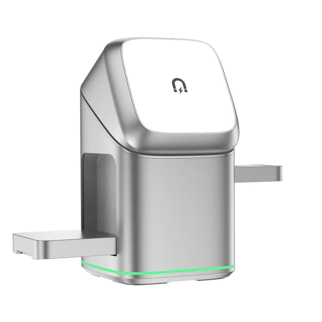 Black mobile phone magnetic wireless charging stand showing 180-degree rotation capability with Type-C cable
