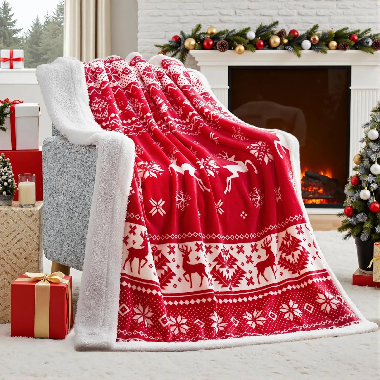 Soft red and green plush Christmas blanket draped over a sofa