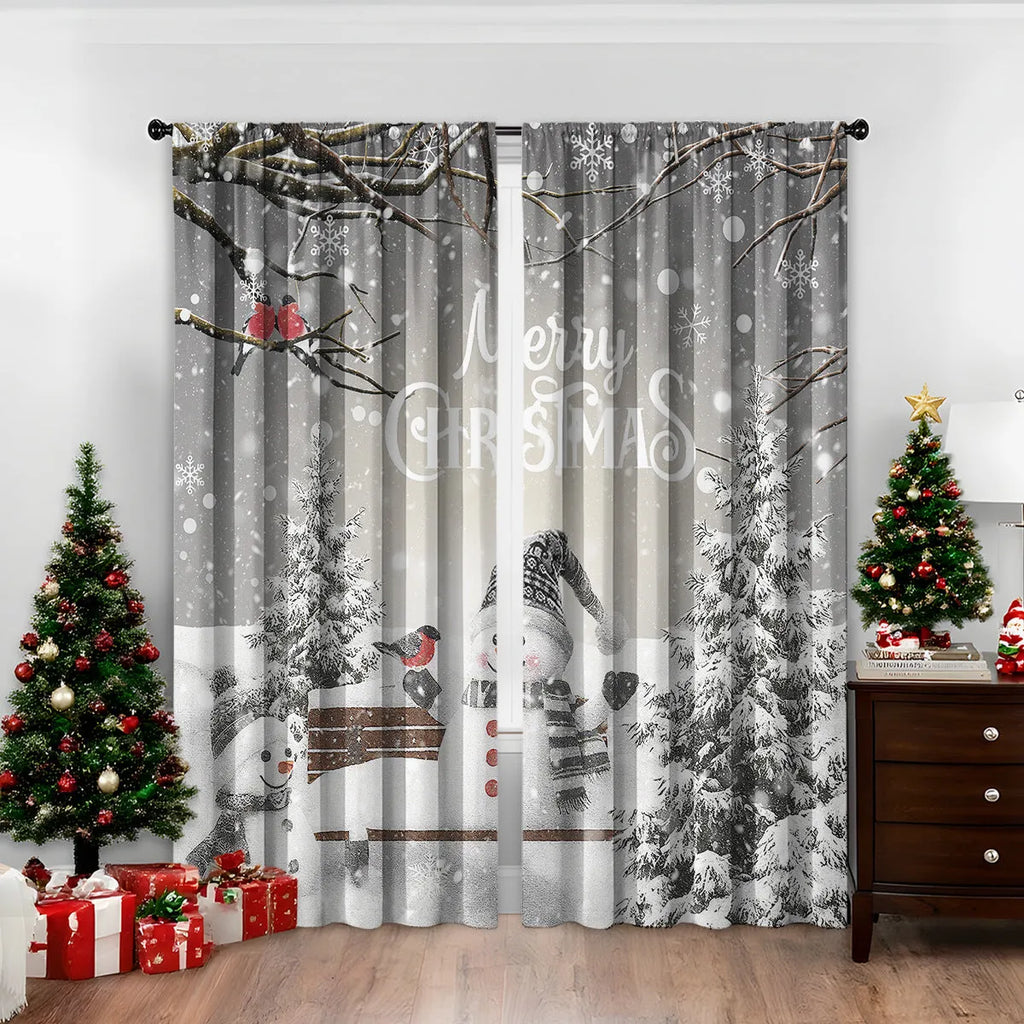 Pair of 3D digital printed Christmas curtains with a festive pattern on a window.