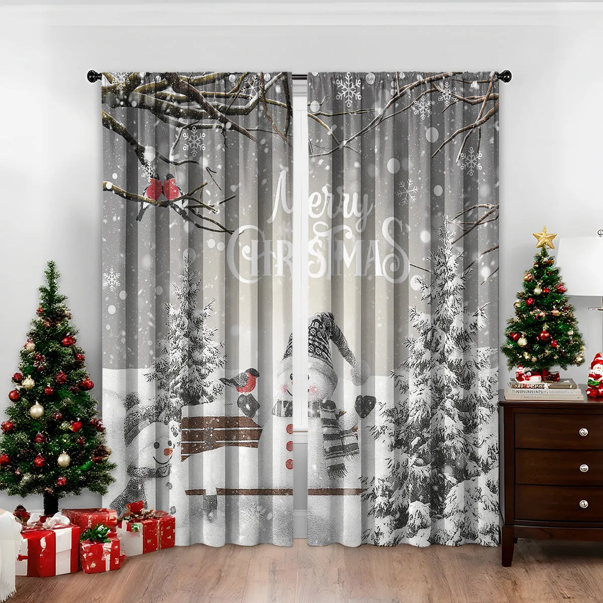 Pair of 3D digital printed Christmas curtains with a festive pattern on a window.