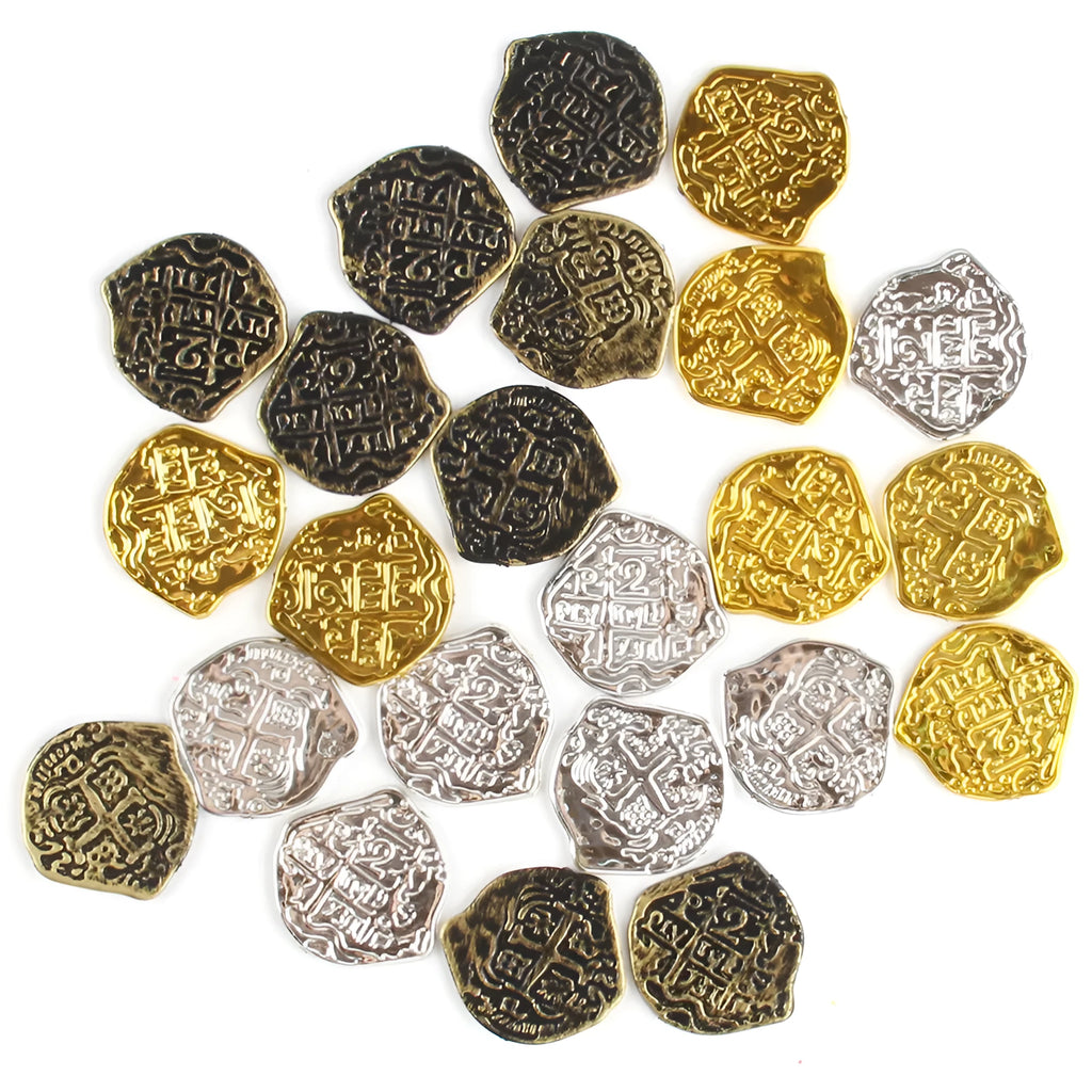 Set of 100 plastic Roman pirate coins with bronze, gold and silver electroplated finishes