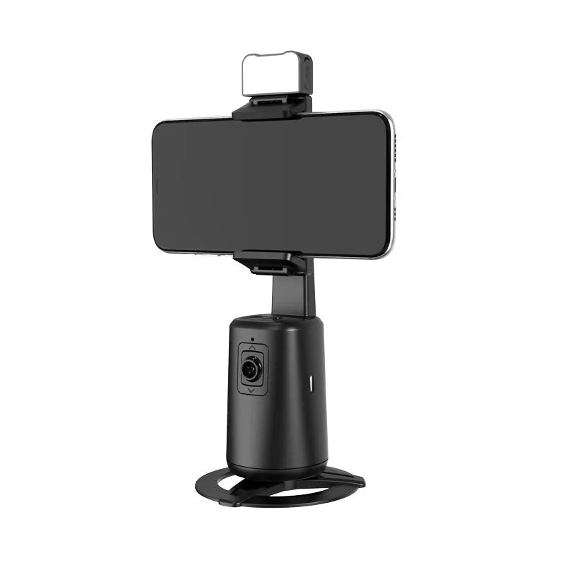 Black desktop phone holder with face tracking technology and ribbon LED lighting
