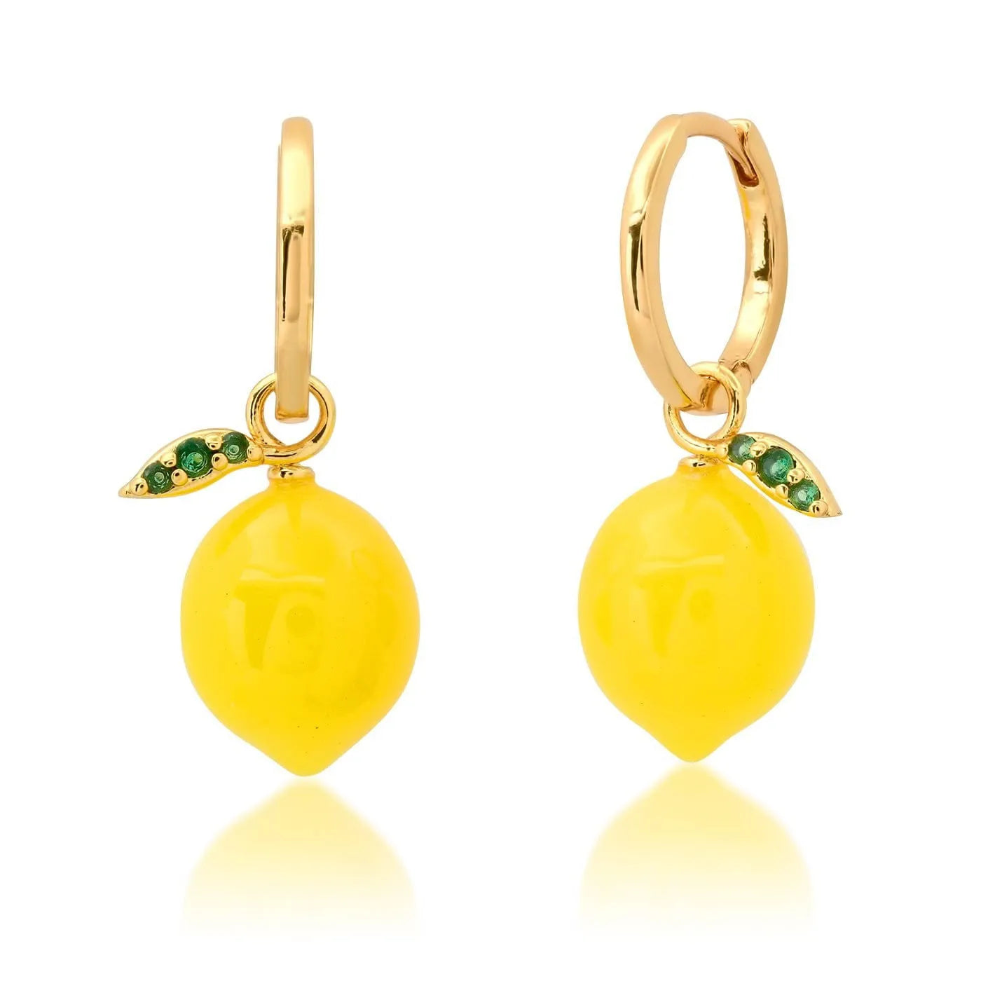 Gold plated fruit and vegetable design earrings showing seven colour variations on copper with electroplated finish