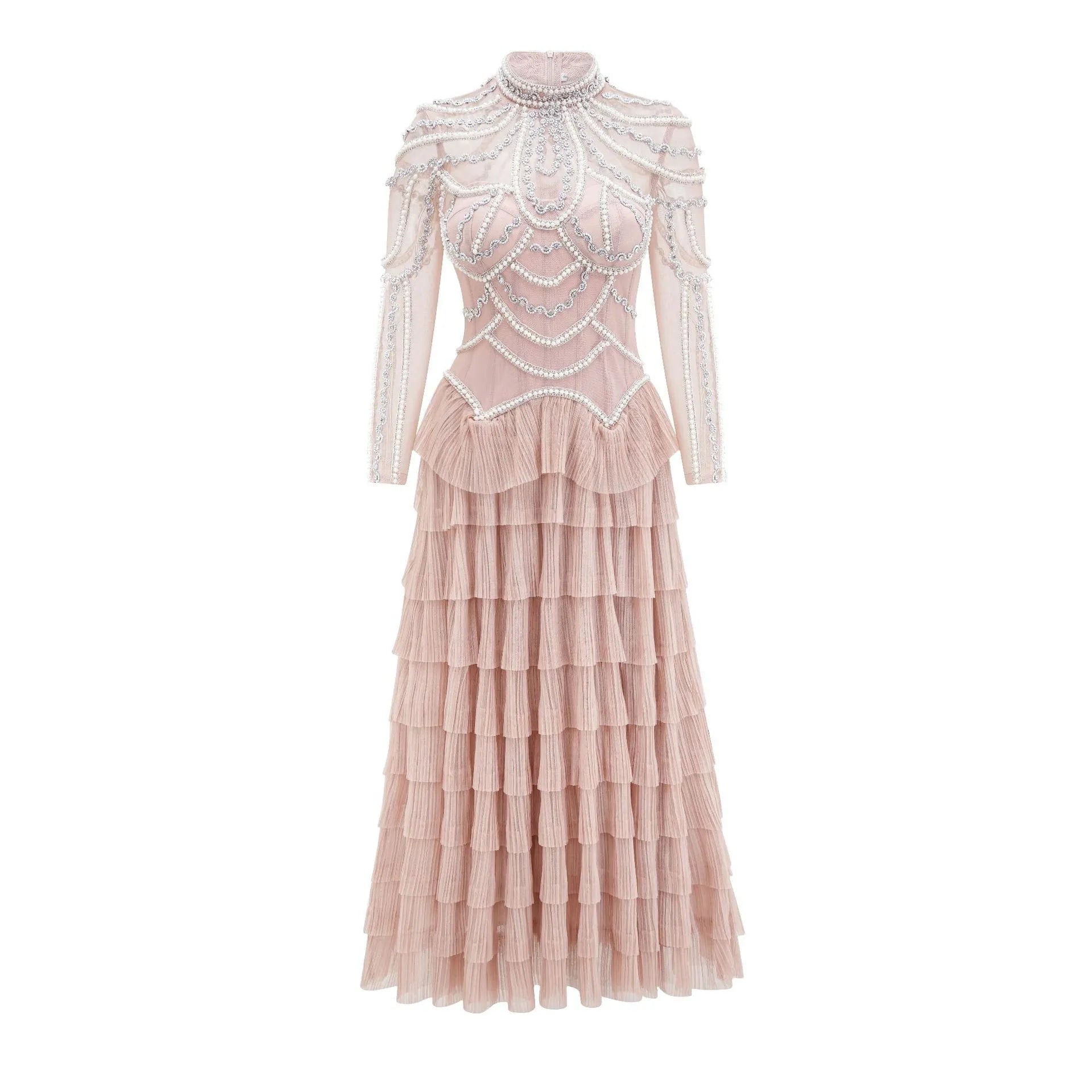 Women's long sleeve beaded dress in black or pink with three-dimensional decoration