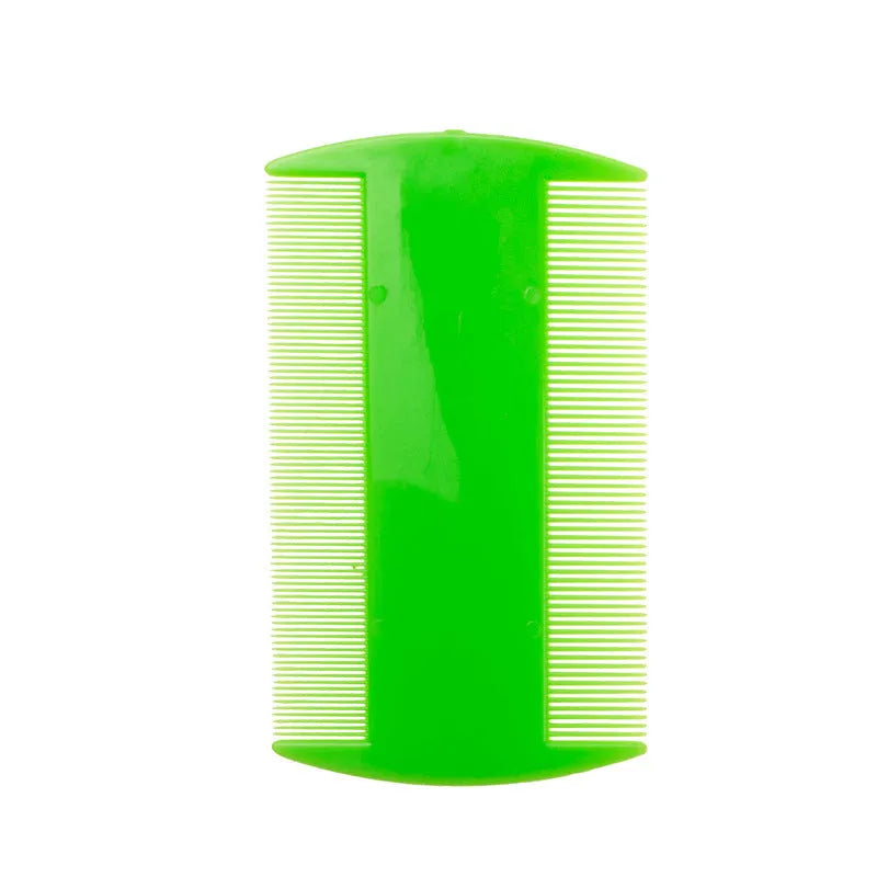 A white double-edged fine-toothed plastic lice comb on a blue surface, showing its 8cm length.