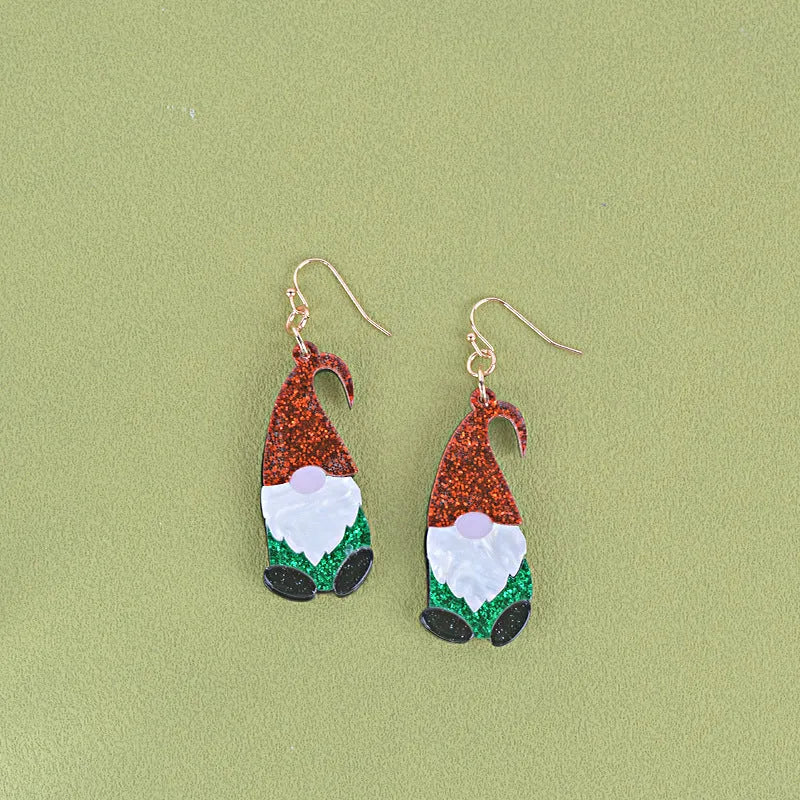 Acrylic cartoon Santa Claus earrings showing red, green, and red/green hat style options.
