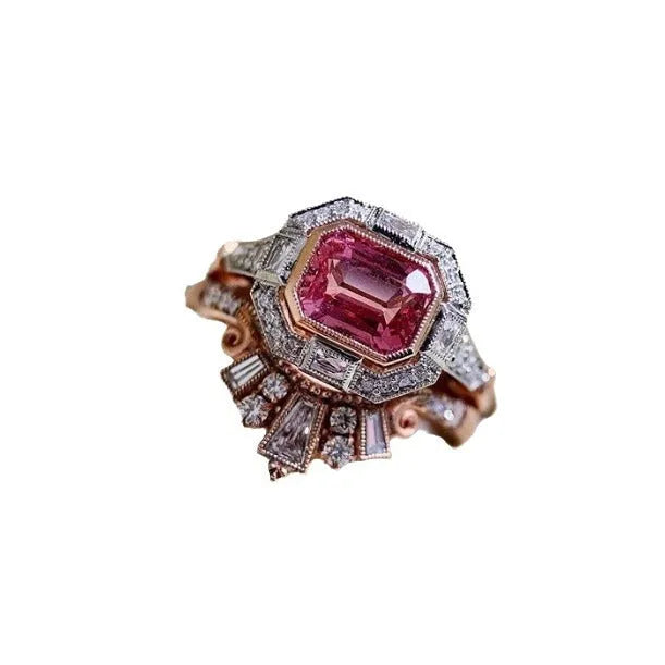 Rose gold alloy women's ring with a geometric shape and ruby-style decoration in a retro design.