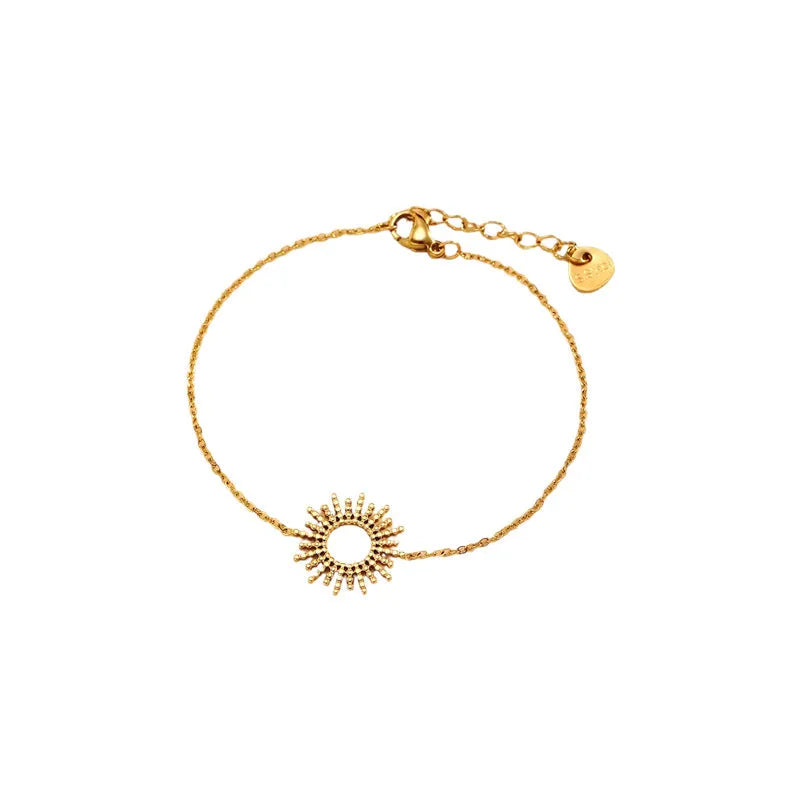 Gold-coloured SUNFLOWER Series necklace and bracelet set with chain links on a white background.