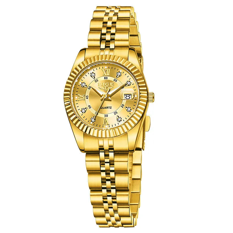 Waterproof fashion quartz watch for women with gold and silver colour options and 10mm thickness.