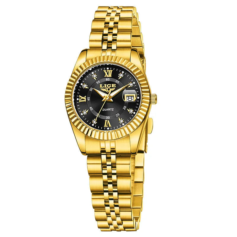 Waterproof fashion quartz watch for women with gold and silver colour options and 10mm thickness.