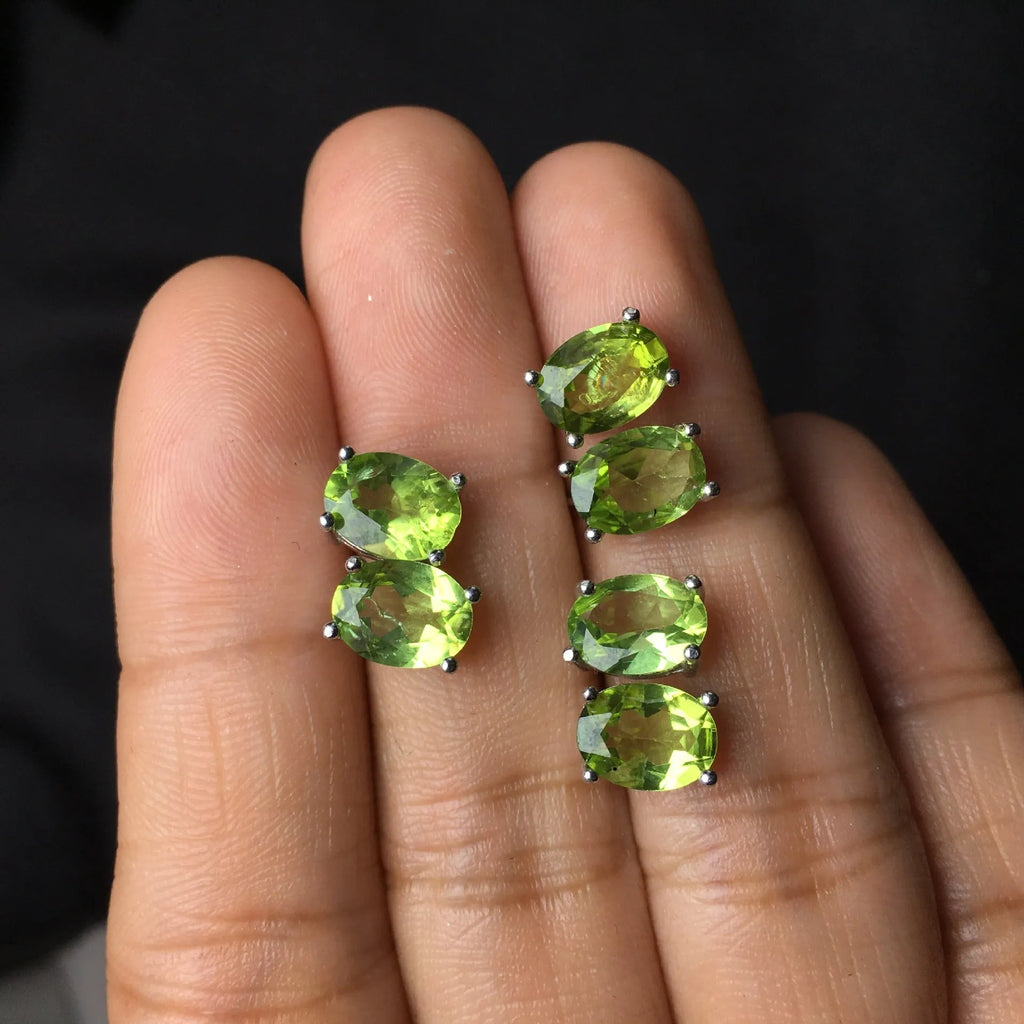 S925 silver stud earrings with 6×8mm natural olivine stones in grass green