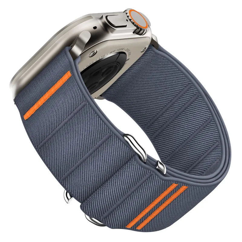 Elastic nylon Apple Watch replacement band with stainless steel buckle in various colours.