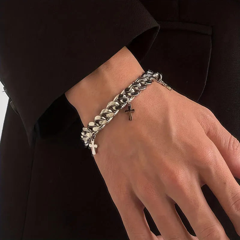 Men's geometric cross bracelet in titanium steel with adjustable cold wind style design
