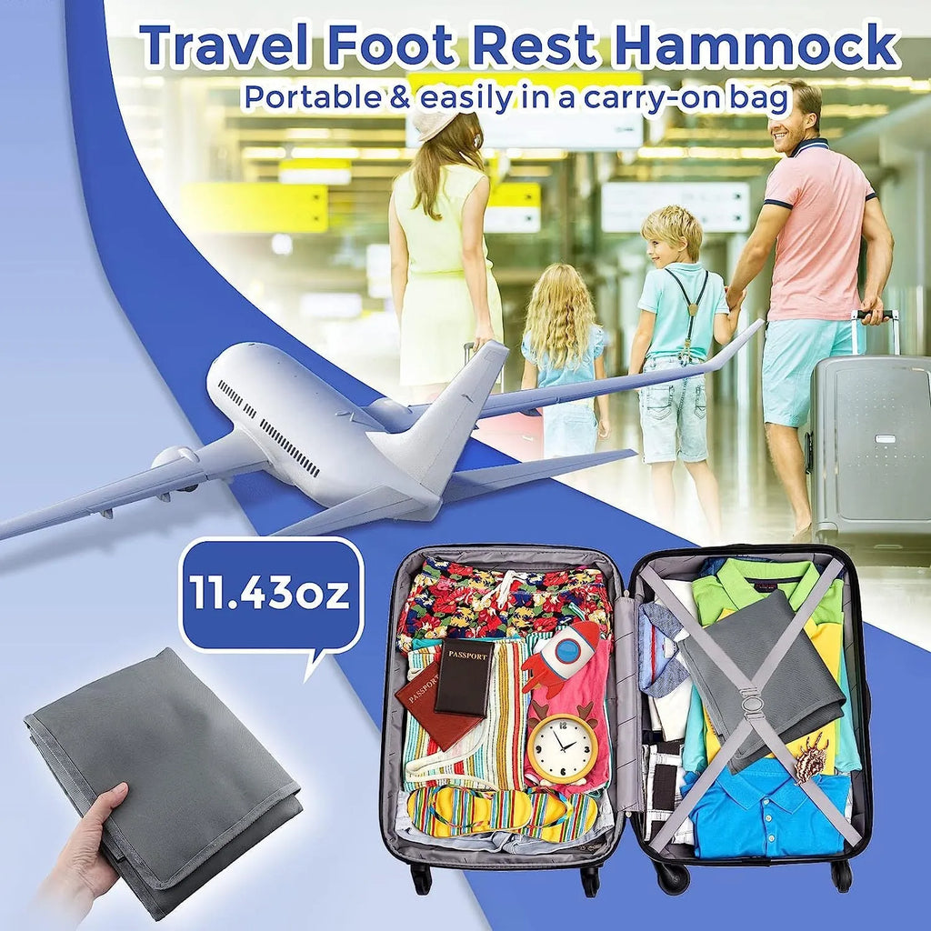 Portable blue children's aircraft pedal seat extender with extension device and drawstring pocket.