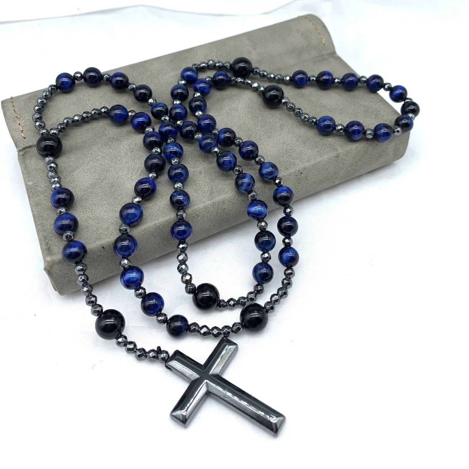 Hand-woven stone cross pendant necklace on ball bead chain with safety lock clasp