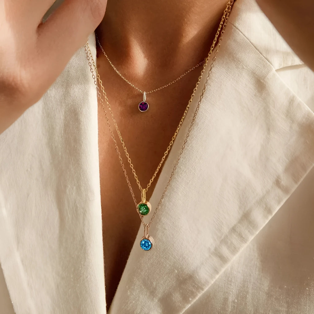 Entry Lux Colorful Rhinestone Pendant stainless steel U-shaped necklace with golden finish and July rose red rhinestone