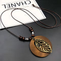 Wooden leaf pendant ethnic necklace with adjustable wax line chain