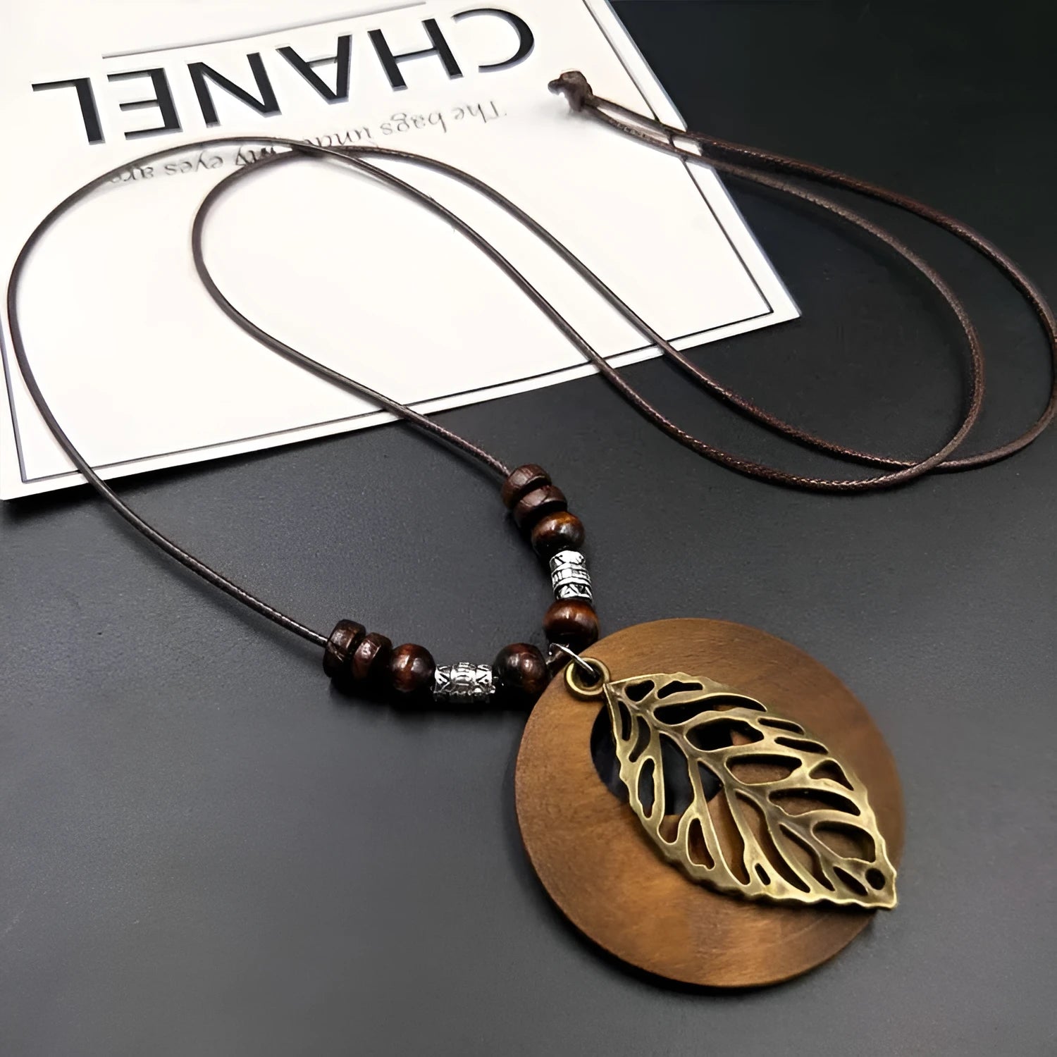 Wooden leaf pendant ethnic necklace with adjustable wax line chain