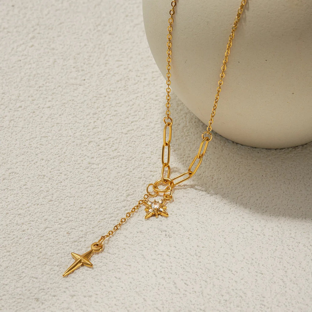 18K gold stainless steel necklace with white diamond eight-pointed star centre, regular chain, JDN0305056 colour