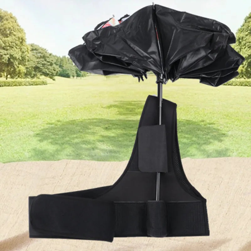 Black portable umbrella holder with shoulder strap showing diving cloth material and adjustable size options